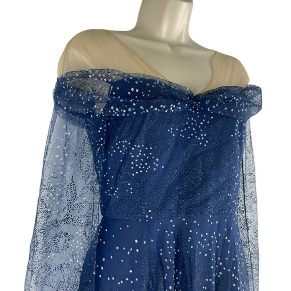 Marchesa Notte Tulle Overlay Cape Embellished Gown Blue Size 0 - Picture 8 of 11